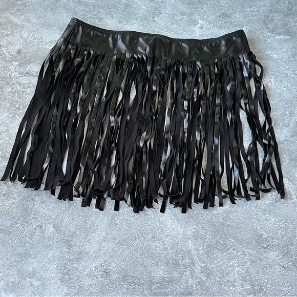 3 pc.  EDM Dance Faux Leather Neon Black Fringe Skirt bikini Top Sleeve Sz S Set - Picture 4 of 9
